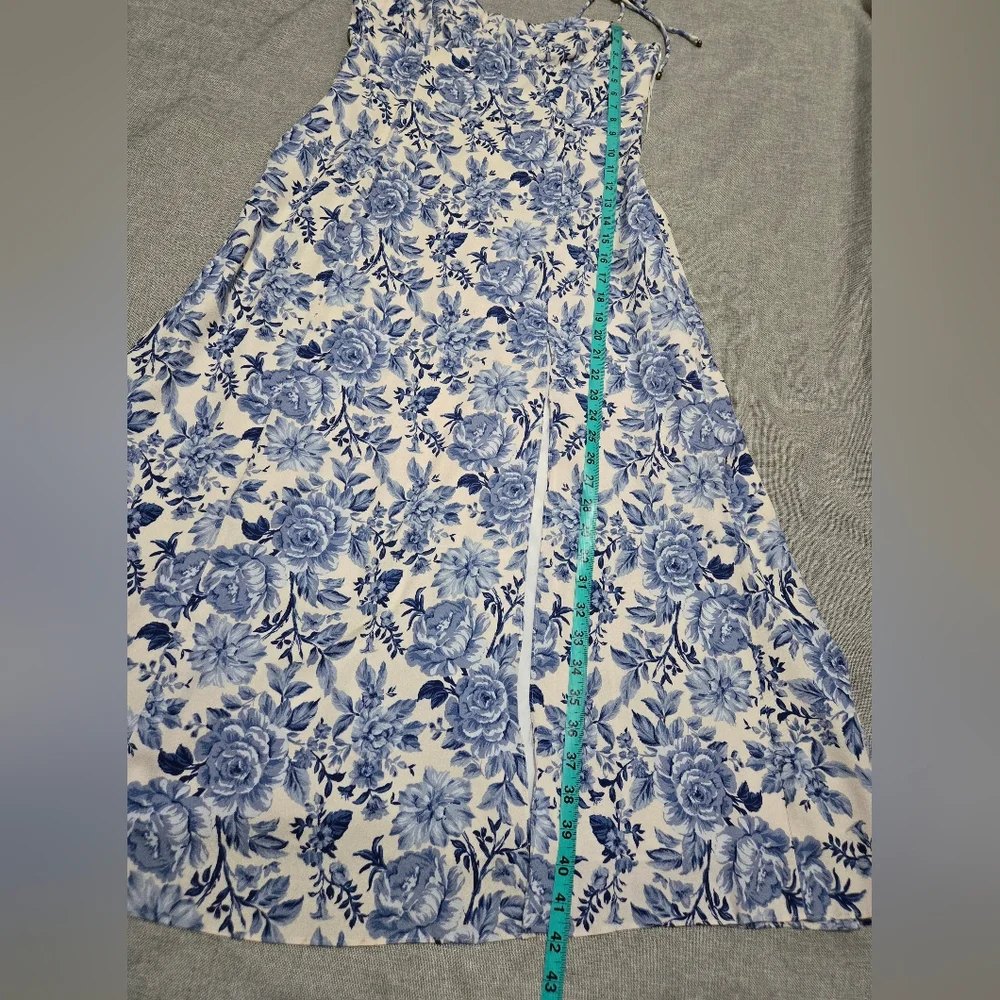 ​Petal & Pup Blue Floral Tie Strap Midi Dress Smocked Back Front Side Slit - Picture 12 of 16